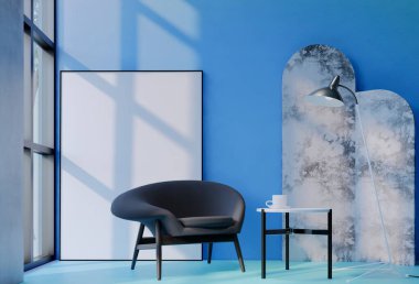 Gökyüzü mavisi duvar arkaplanlı çerçeveli fotoğraf modeli. 3 Boyutlu Resim Çizimi