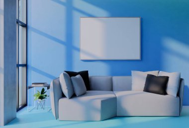 Gökyüzü mavisi duvar arkaplanlı çerçeveli fotoğraf modeli. 3 Boyutlu Resim Çizimi