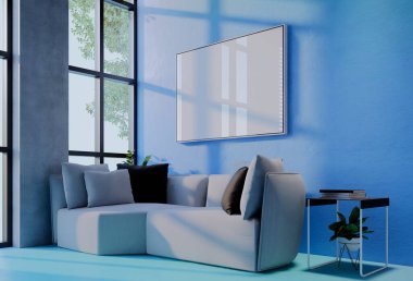 Gökyüzü mavisi duvar arkaplanlı çerçeveli fotoğraf modeli. 3 Boyutlu Resim Çizimi