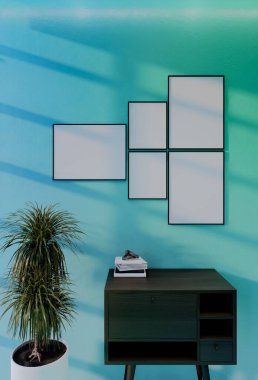 Gökyüzü mavisi duvar arkaplanlı çerçeveli fotoğraf modeli. 3 Boyutlu Resim Çizimi