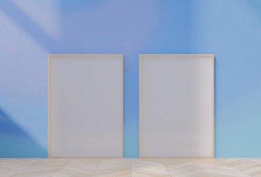 Gökyüzü mavisi duvar arkaplanlı çerçeveli fotoğraf modeli. 3 Boyutlu Resim Çizimi