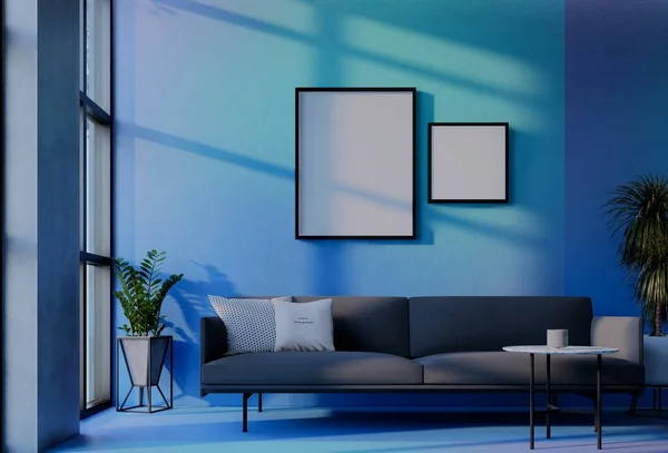 青空の青い壁の背景とフレームの写真のモックアップ 3Dレンダリングイラスト — ストック写真