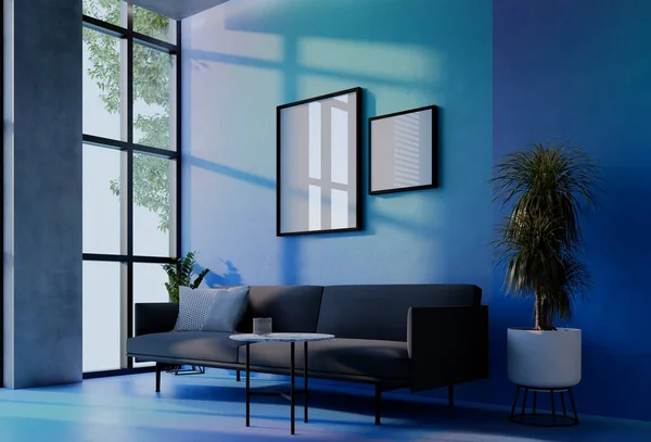 框架照片模型与蓝墙的天空背景 3D渲染说明 — 图库照片