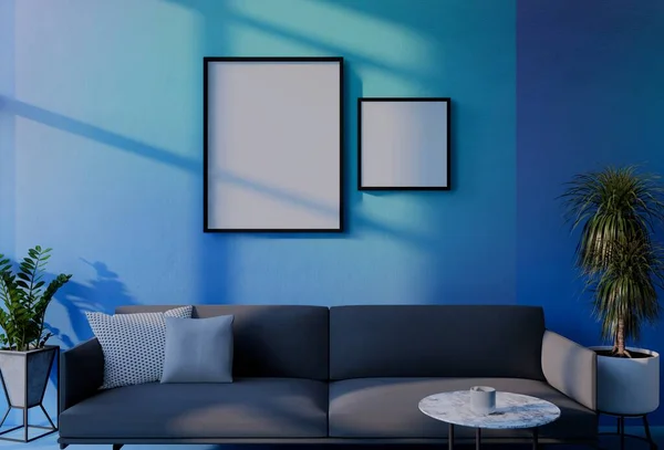 框架照片模型与蓝墙的天空背景 3D渲染说明 — 图库照片