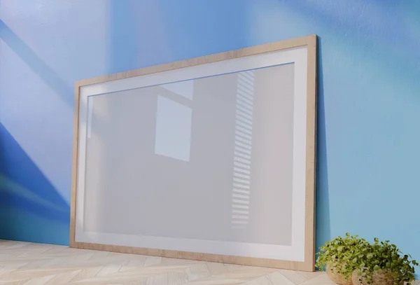 stock image Frame photo mockup with sky blue wall background. 3D Render Illustration