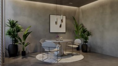 Modern yemek odası 3D animasyon, çağdaş iç tasarım odalarda, duvarlarda, zeminde ve tavanlarda doğal tonlarda. 3B resimleme