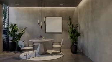 Modern yemek odası 3D animasyon, çağdaş iç tasarım odalarda, duvarlarda, zeminde ve tavanlarda doğal tonlarda. 3B resimleme