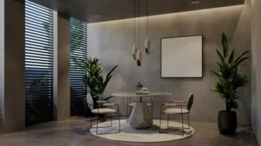 Modern yemek odası 3D animasyon, çağdaş iç tasarım odalarda, duvarlarda, zeminde ve tavanlarda doğal tonlarda. 3B resimleme