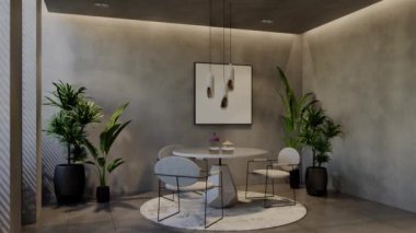 Modern yemek odası 3D animasyon, çağdaş iç tasarım odalarda, duvarlarda, zeminde ve tavanlarda doğal tonlarda. 3B resimleme