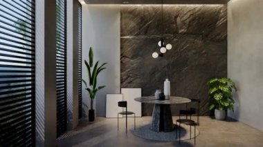 Modern yemek odası 3D animasyon, çağdaş iç tasarım odalarda, duvarlarda, zeminde ve tavanlarda doğal tonlarda. 3B resimleme