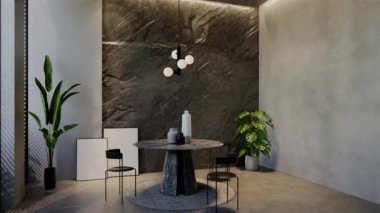 Modern yemek odası 3D animasyon, çağdaş iç tasarım odalarda, duvarlarda, zeminde ve tavanlarda doğal tonlarda. 3B resimleme