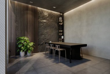 Modern yemek odası iç tasarımı çağdaş, odada doğal tonlar, duvarlar, zemin ve tavan. 3d resimleme