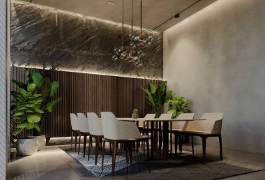 Modern yemek odası iç tasarımı çağdaş, odada doğal tonlar, duvarlar, zemin ve tavan. 3d resimleme