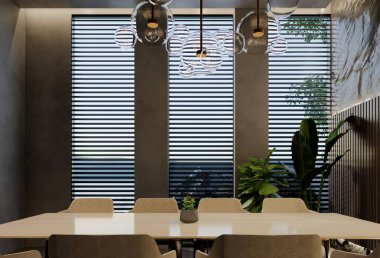 Modern yemek odası iç tasarımı çağdaş, odada doğal tonlar, duvarlar, zemin ve tavan. 3d resimleme