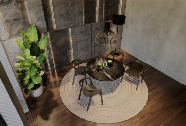 Modern yemek odası iç tasarımı çağdaş, odada doğal tonlar, duvarlar, zemin ve tavan. 3d resimleme