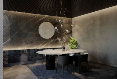 Modern yemek odası iç tasarımı çağdaş, odada doğal tonlar, duvarlar, zemin ve tavan. 3d resimleme