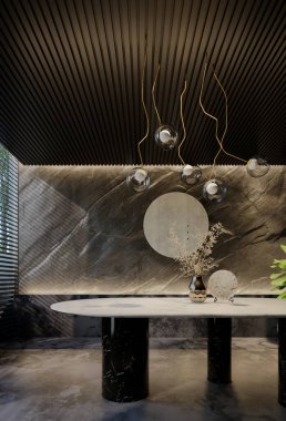 Modern yemek odası iç tasarımı çağdaş, odada doğal tonlar, duvarlar, zemin ve tavan. 3d resimleme