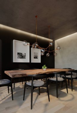 Modern yemek odası iç tasarımı çağdaş, odada doğal tonlar, duvarlar, zemin ve tavan. 3d resimleme