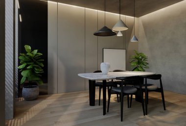 Modern yemek odası iç tasarımı çağdaş, odada doğal tonlar, duvarlar, zemin ve tavan. 3d resimleme