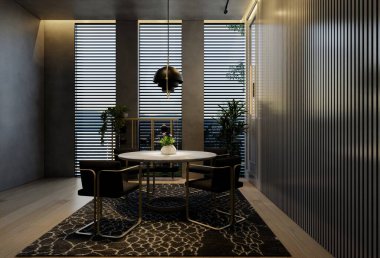 Modern yemek odası iç tasarımı çağdaş, odada doğal tonlar, duvarlar, zemin ve tavan. 3d resimleme