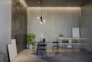 Modern yemek odası iç tasarımı çağdaş, odada doğal tonlar, duvarlar, zemin ve tavan. 3d resimleme