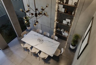 Modern yemek odası iç tasarımı çağdaş, odada doğal tonlar, duvarlar, zemin ve tavan. 3d resimleme