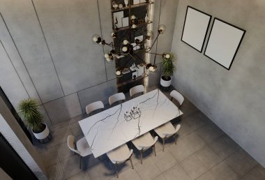 Modern yemek odası iç tasarımı çağdaş, odada doğal tonlar, duvarlar, zemin ve tavan. 3d resimleme