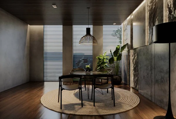 Comedor Moderno Diseño Interior Contemporáneo Con Tonos Naturales Habitación Paredes — Foto de Stock