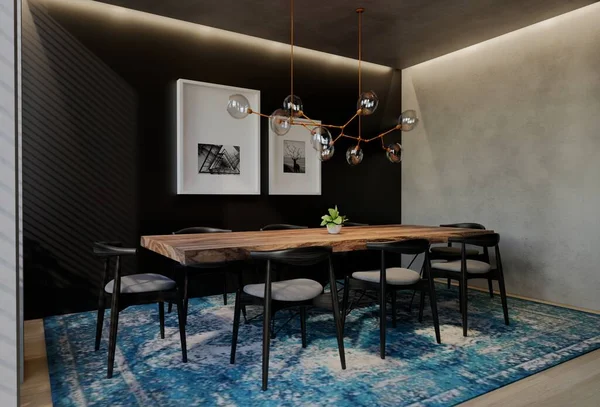 现代餐厅室内设计现代 具有自然色调的房间 地板和天花板 3D渲染说明 — 图库照片