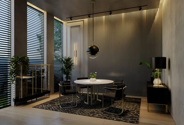 Modernes Interieur Speisesaal Zeitgenössisch Mit Natürlichen Farbtönen Raum Wänden Boden — Stockfoto