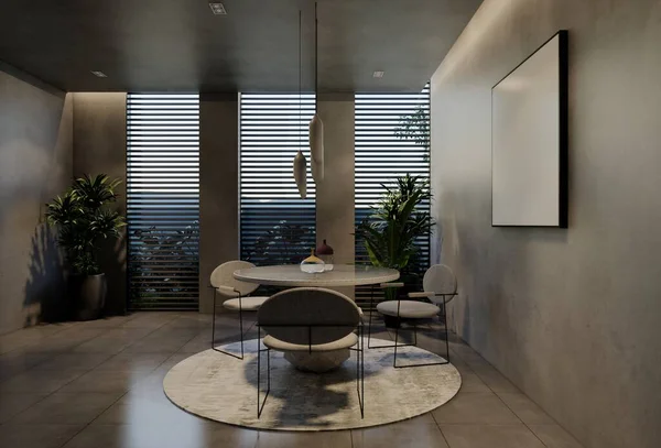 Современный Дизайн Интерьера Столовой Естественными Тонами Комнате Стенах Полу Потолке — стоковое фото