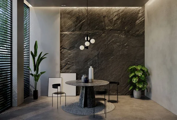 Sala Mese Modernă Design Interior Contemporan Tonuri Naturale Cameră Pereți — Fotografie, imagine de stoc