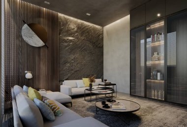 Modern oturma odası iç tasarımı çağdaş, odada doğal tonlar, duvarlar, zemin ve tavan. 3d resimleme