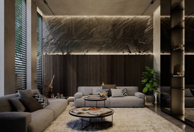 Modern oturma odası iç tasarımı çağdaş, odada doğal tonlar, duvarlar, zemin ve tavan. 3d resimleme