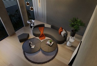Modern oturma odası iç tasarımı çağdaş, odada doğal tonlar, duvarlar, zemin ve tavan. 3d resimleme