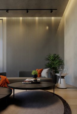 Modern oturma odası iç tasarımı çağdaş, odada doğal tonlar, duvarlar, zemin ve tavan. 3d resimleme