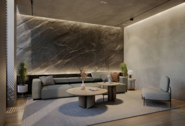 Modern oturma odası iç tasarımı çağdaş, odada doğal tonlar, duvarlar, zemin ve tavan. 3d resimleme