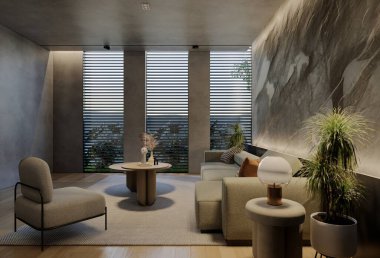 Modern oturma odası iç tasarımı çağdaş, odada doğal tonlar, duvarlar, zemin ve tavan. 3d resimleme