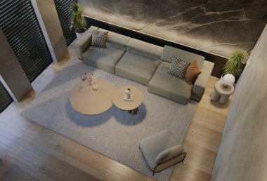 Modern oturma odası iç tasarımı çağdaş, odada doğal tonlar, duvarlar, zemin ve tavan. 3d resimleme