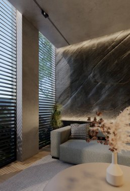 Modern oturma odası iç tasarımı çağdaş, odada doğal tonlar, duvarlar, zemin ve tavan. 3d resimleme