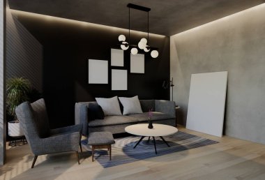 Modern oturma odası iç tasarımı çağdaş, odada doğal tonlar, duvarlar, zemin ve tavan. 3d resimleme