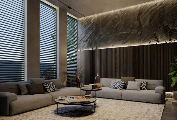 Modern Oturma Odası Tasarımı Çağdaş Odada Doğal Tonlar Duvarlar Zemin — Stok fotoğraf