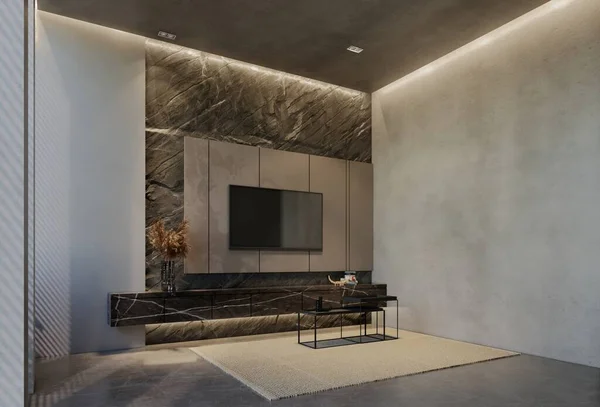 Modern oturma odası iç tasarımı çağdaş, odada doğal tonlar, duvarlar, zemin ve tavan. 3d resimleme