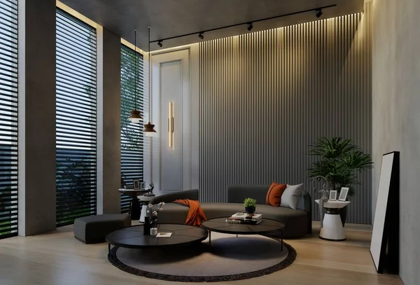 现代客厅室内设计 具有自然色调的房间 地板和天花板 3D渲染说明 — 图库照片