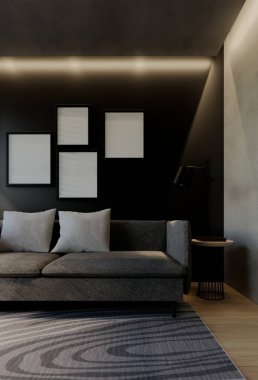 Modern oturma odası iç tasarımı çağdaş, odada doğal tonlar, duvarlar, zemin ve tavan. 3d resimleme