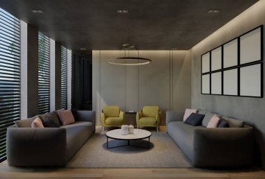 Modern oturma odası iç tasarımı çağdaş, odada doğal tonlar, duvarlar, zemin ve tavan. 3d resimleme