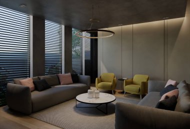Modern oturma odası iç tasarımı çağdaş, odada doğal tonlar, duvarlar, zemin ve tavan. 3d resimleme