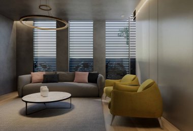 Modern oturma odası iç tasarımı çağdaş, odada doğal tonlar, duvarlar, zemin ve tavan. 3d resimleme