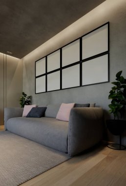 Modern oturma odası iç tasarımı çağdaş, odada doğal tonlar, duvarlar, zemin ve tavan. 3d resimleme