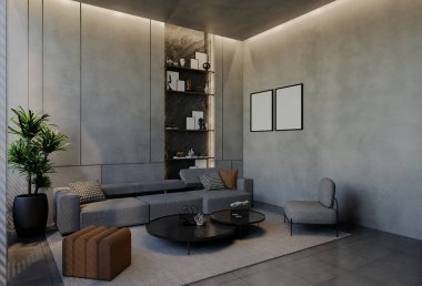 Modern oturma odası iç tasarımı çağdaş, odada doğal tonlar, duvarlar, zemin ve tavan. 3d resimleme